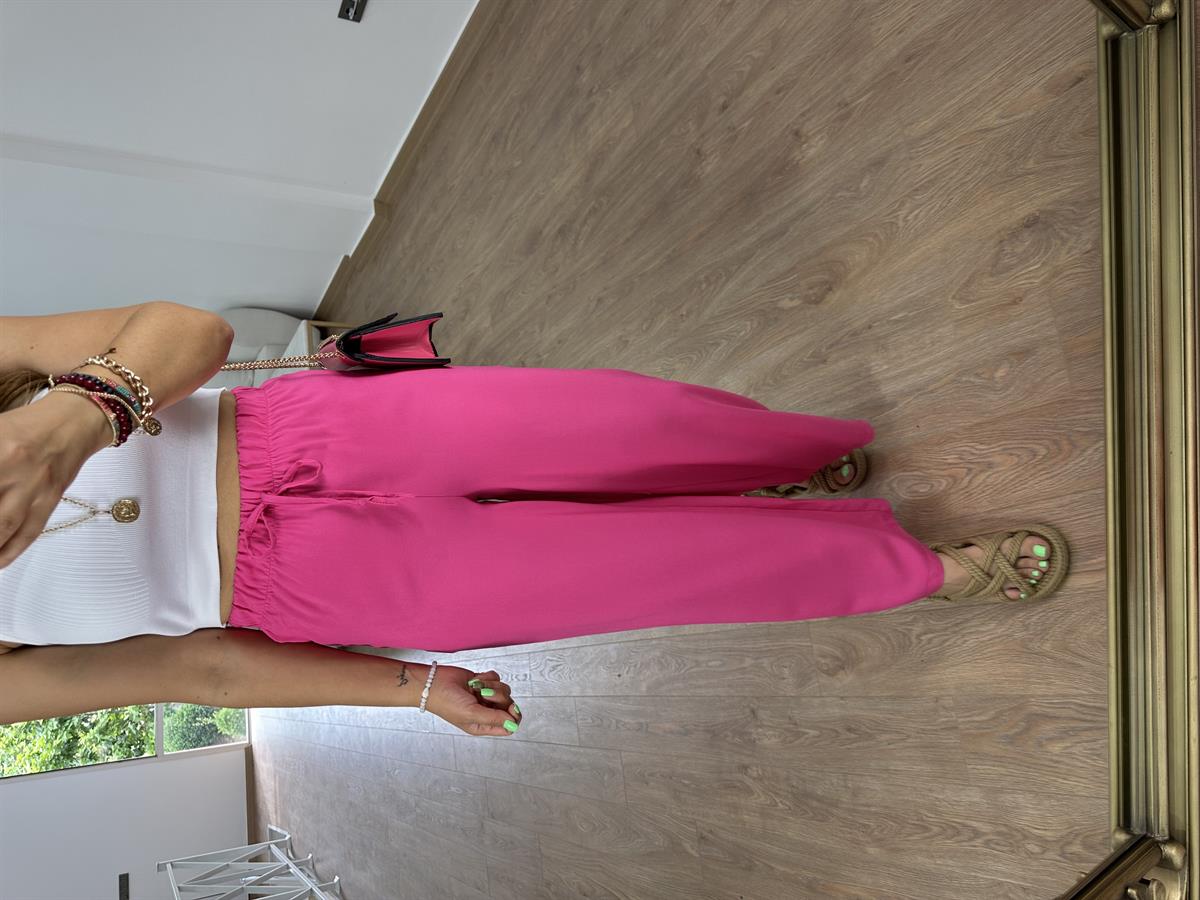 Viskon Kumaş Beli Lastikli Palazzo Pantolon-Pembe