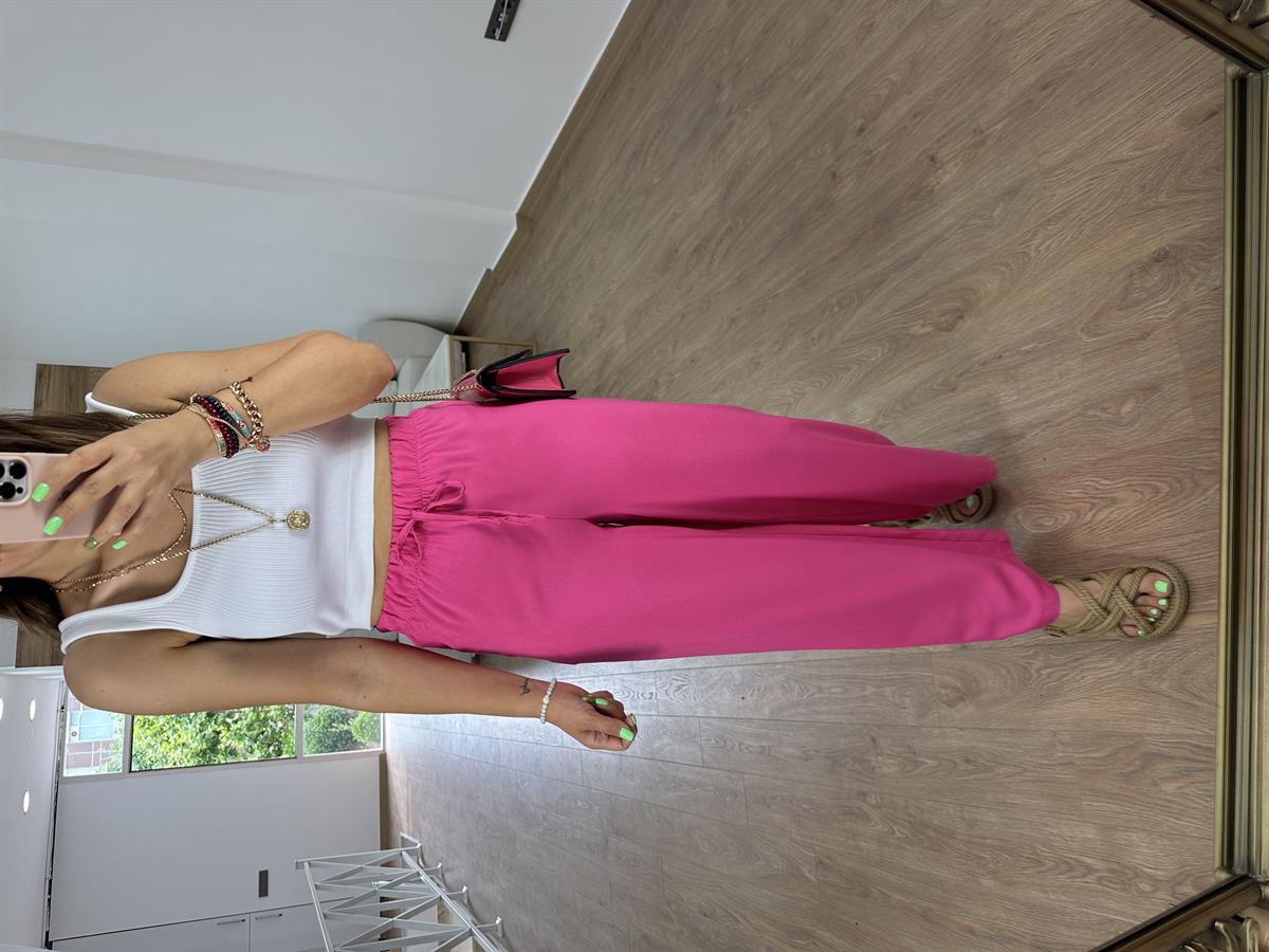 Viskon Kumaş Beli Lastikli Palazzo Pantolon-Pembe