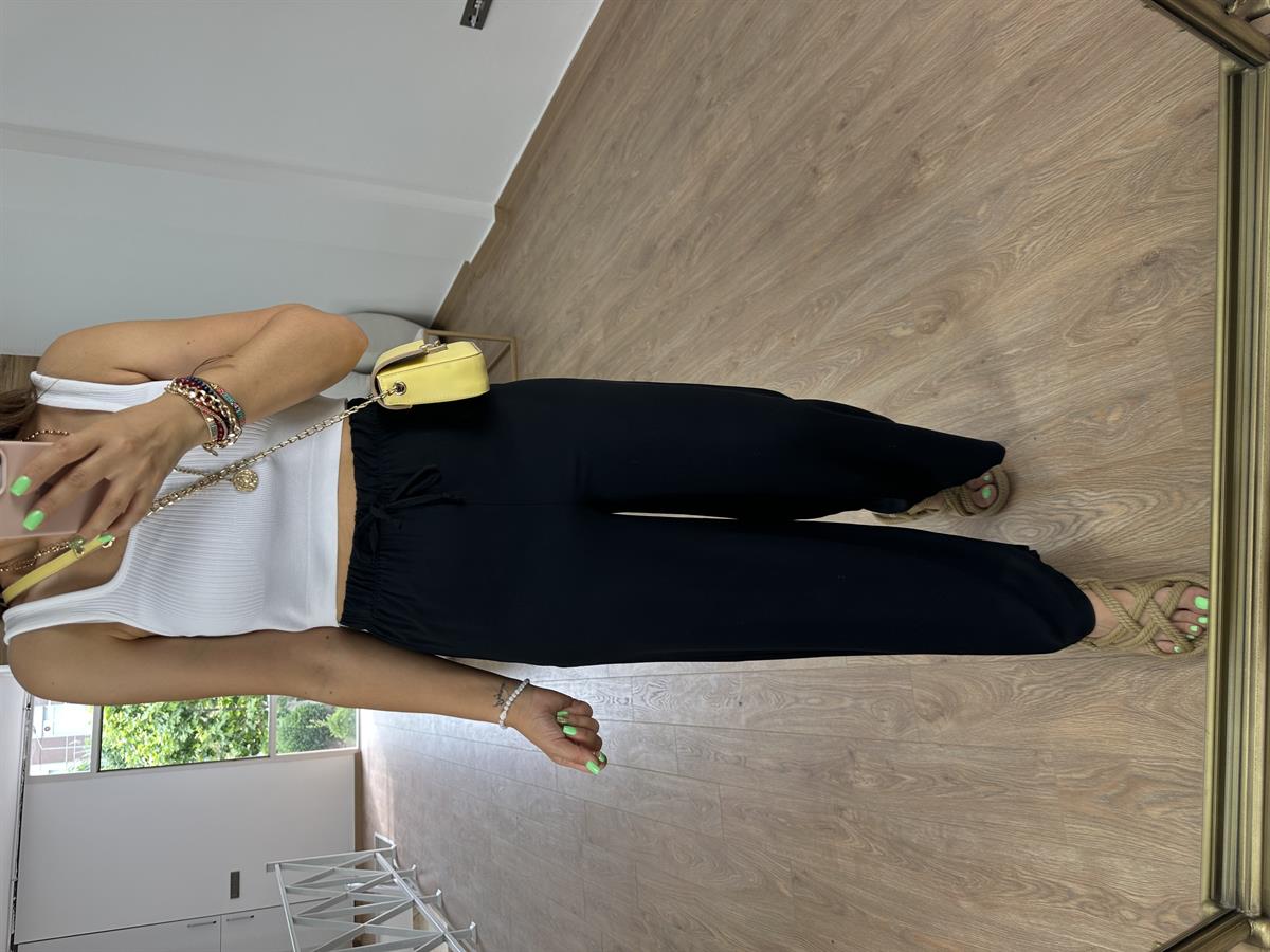 Viskon Kumaş Beli Lastikli Palazzo Pantolon-Siyah