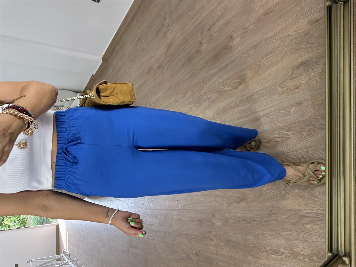 Viskon Kumaş Beli Lastikli Palazzo Pantolon-Saks