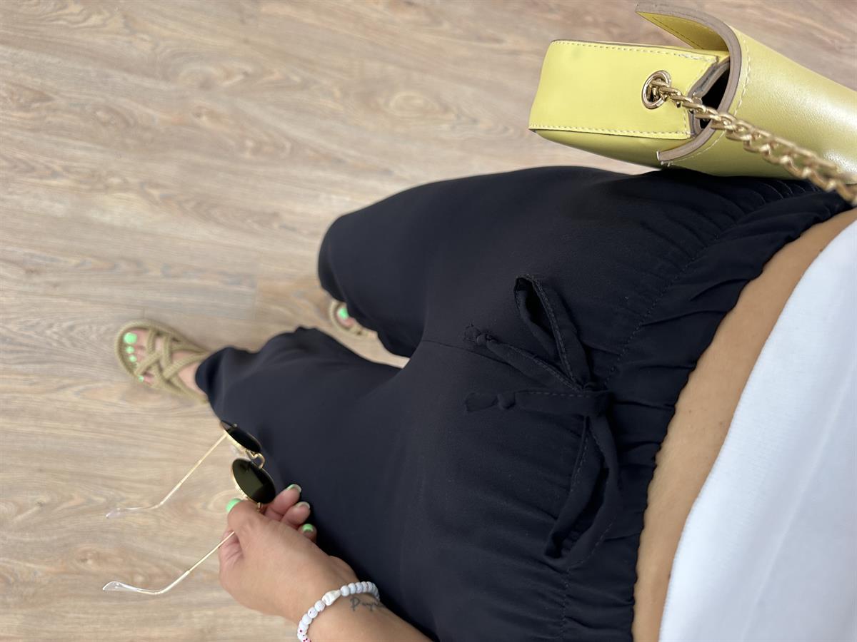 Viskon Kumaş Beli Lastikli Palazzo Pantolon-Siyah