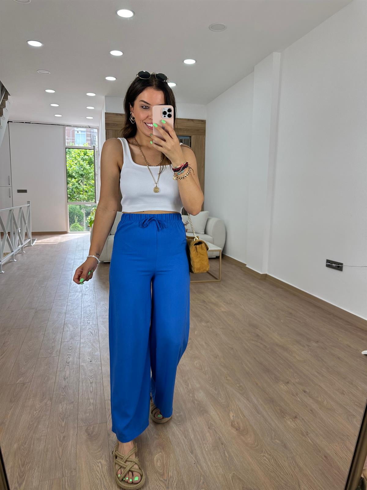 Viskon Kumaş Beli Lastikli Palazzo Pantolon-Saks