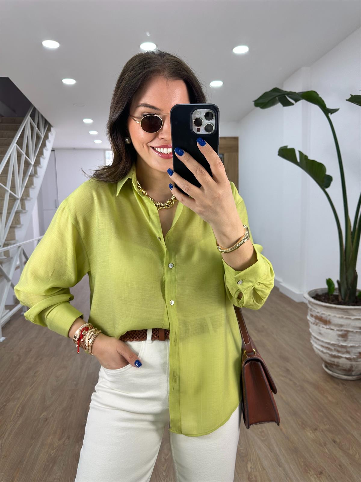 Viskon Kumaş Tiril Basic Gömlek-Yağ Yeşili