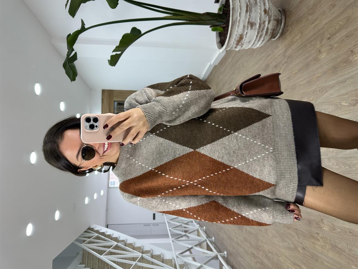 Vizon Kahverengi Kiremit Baklava Desenli Kazak