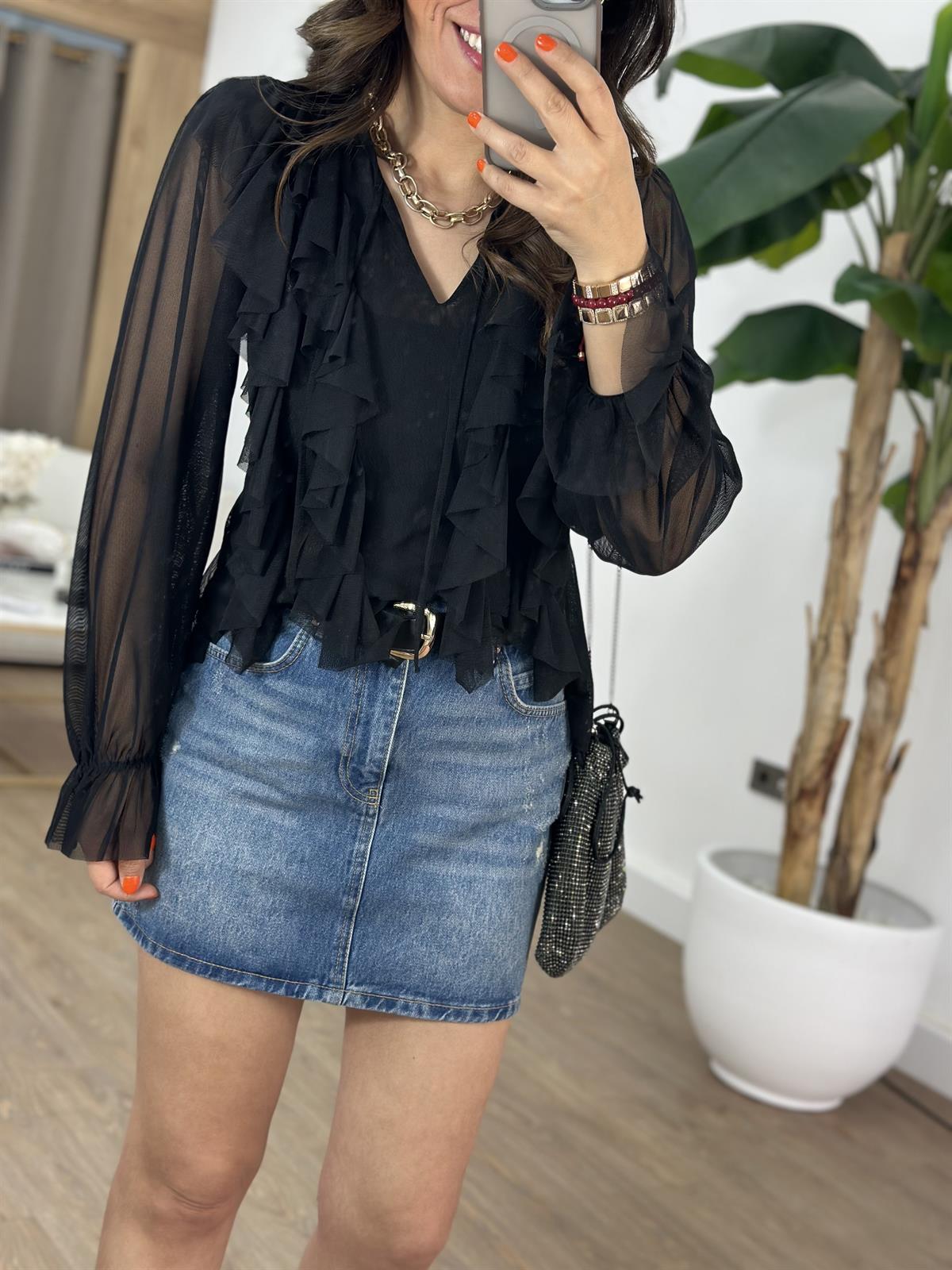 Volanlı Tül Bluz  - Siyah