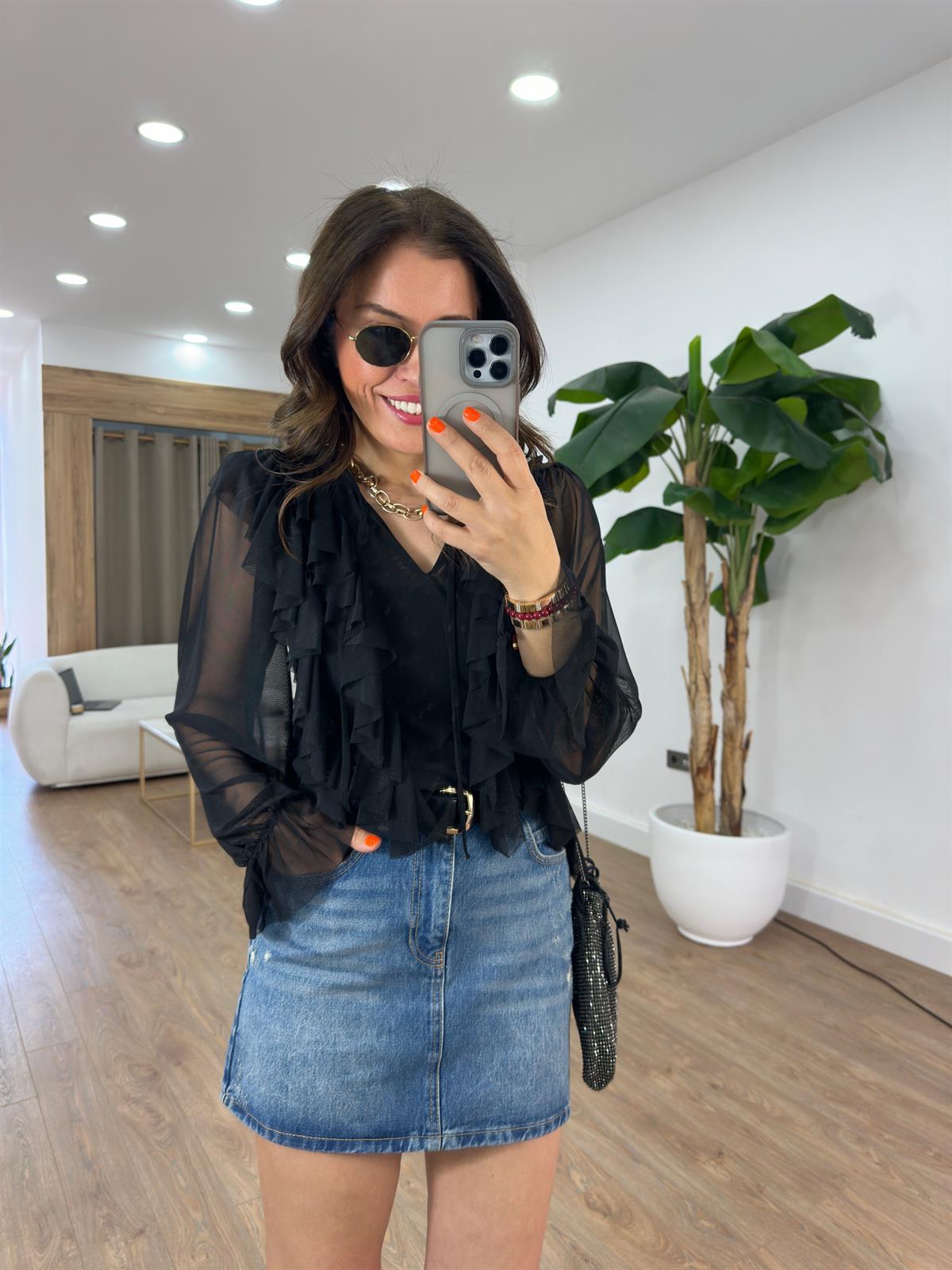 Volanlı Tül Bluz  - Siyah