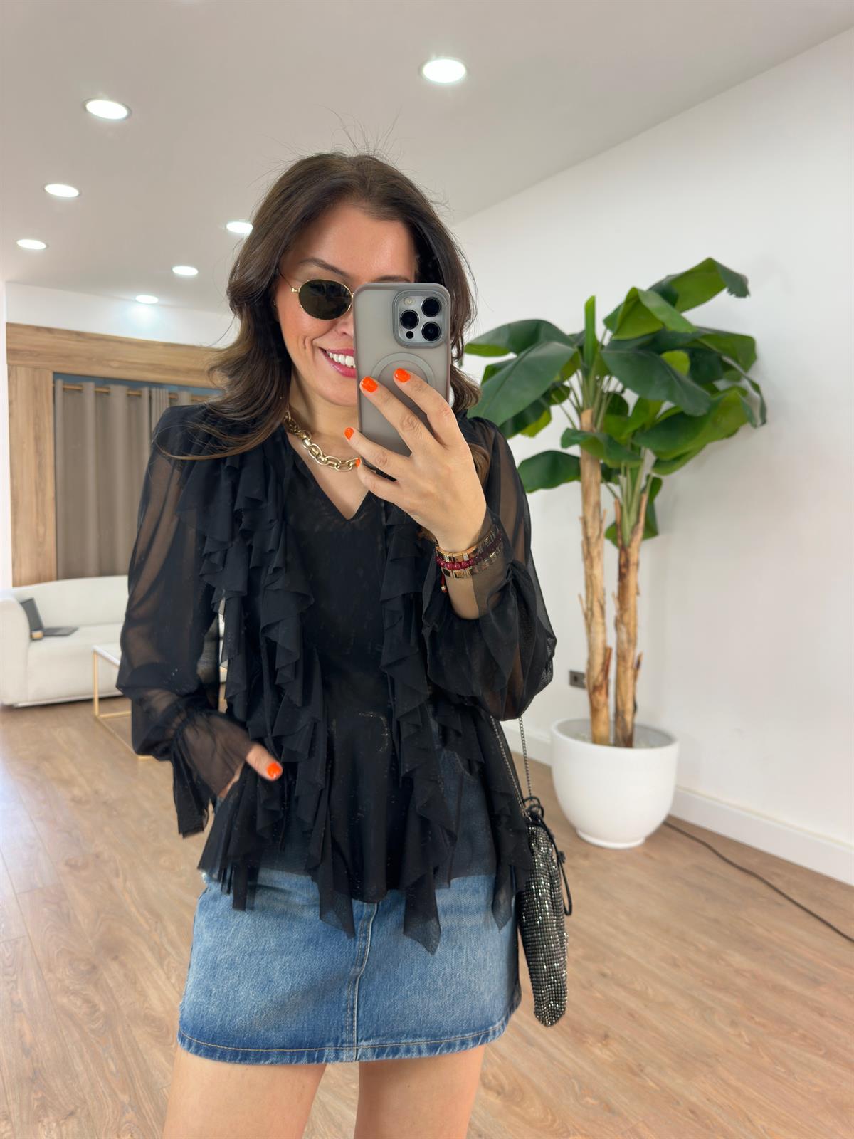 Volanlı Tül Bluz  - Siyah