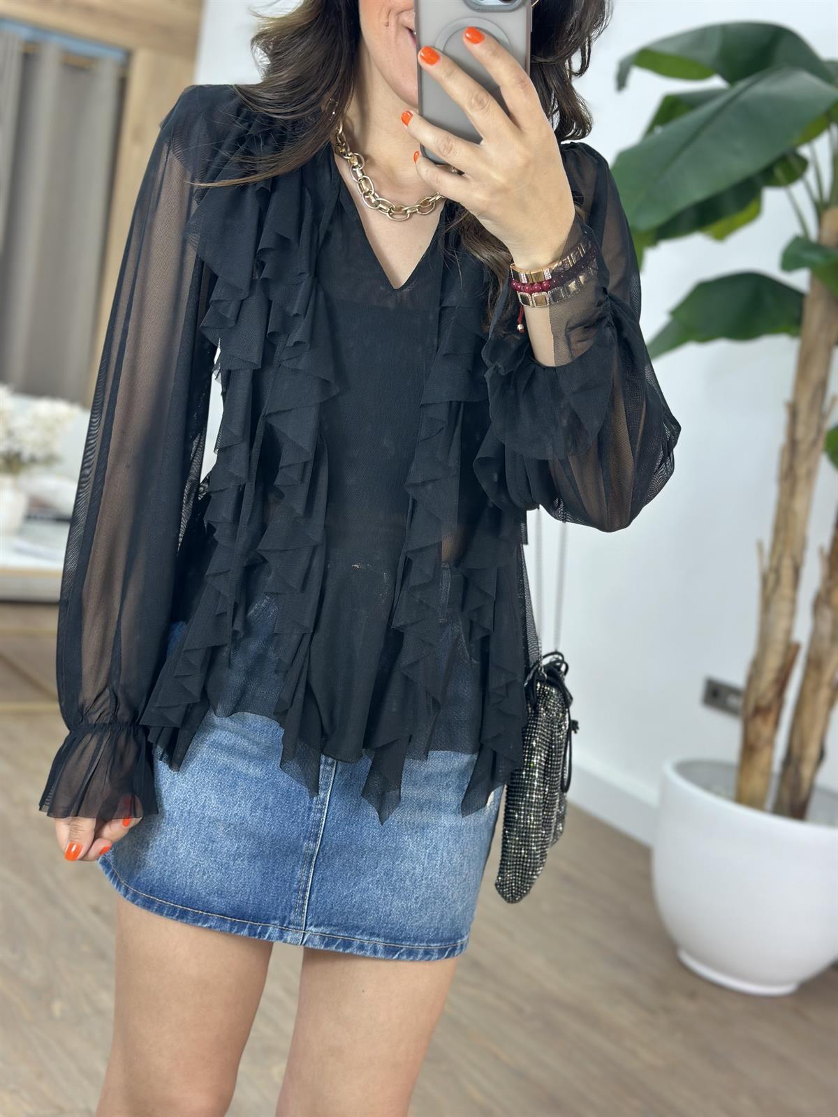 Volanlı Tül Bluz  - Siyah