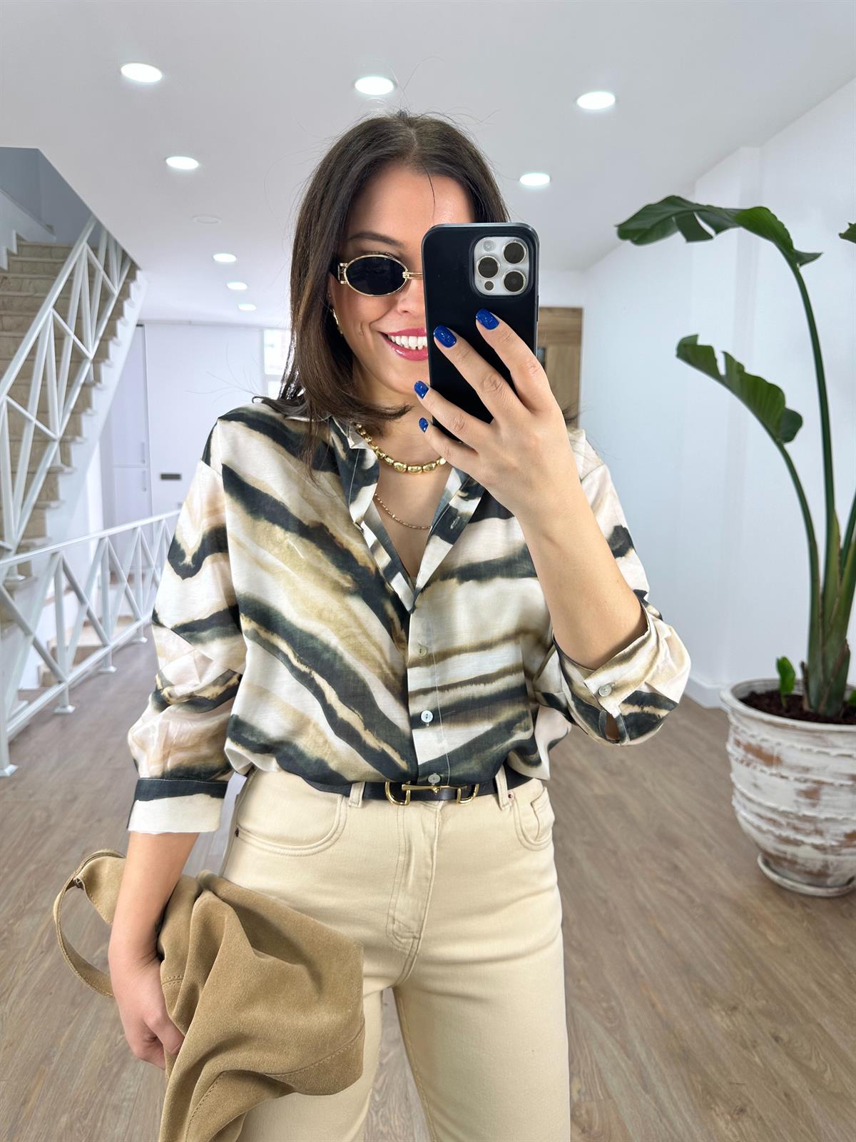 Vual Baskılı Desenli Gömlek-Haki