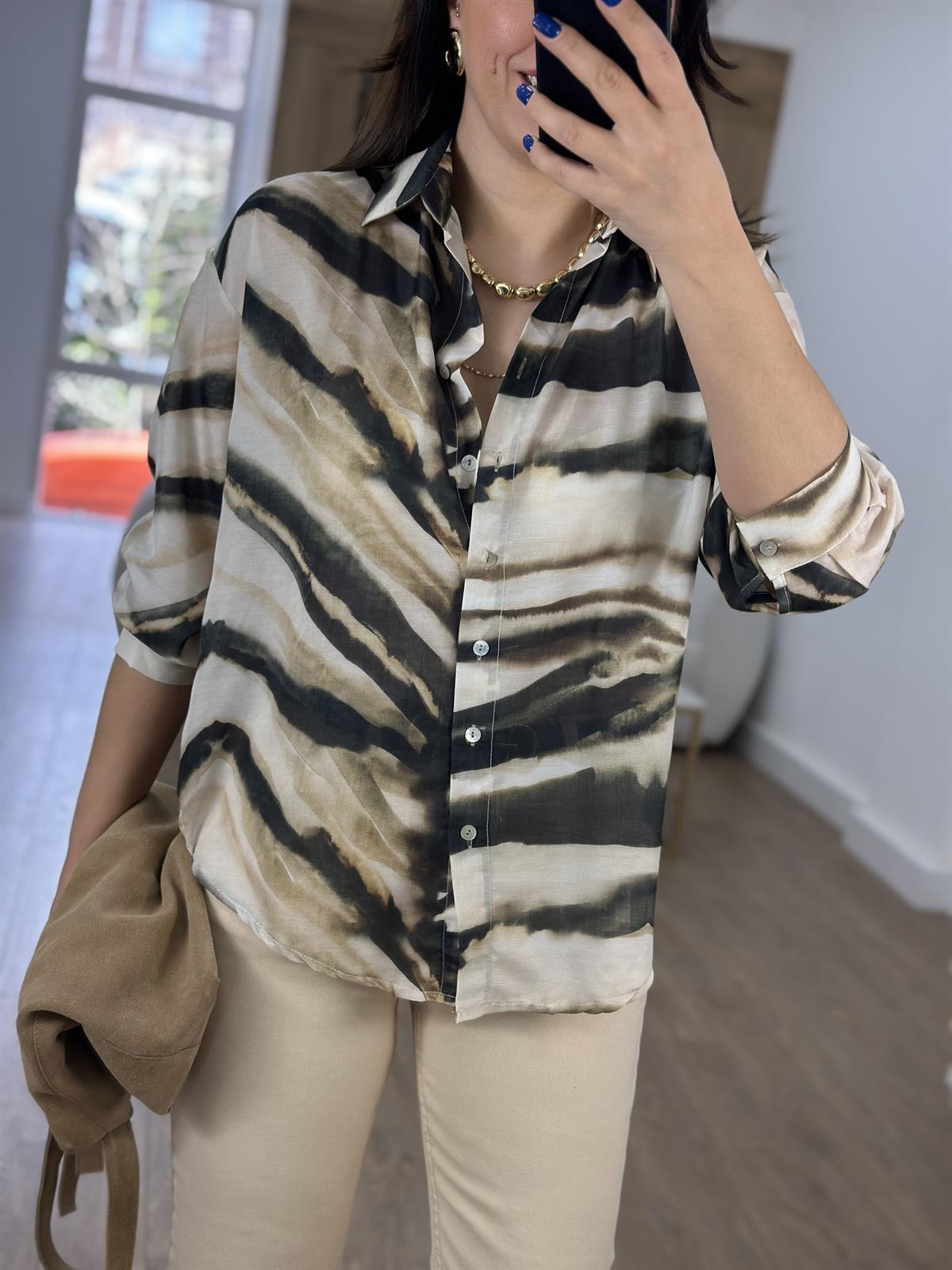 Vual Baskılı Desenli Gömlek-Haki