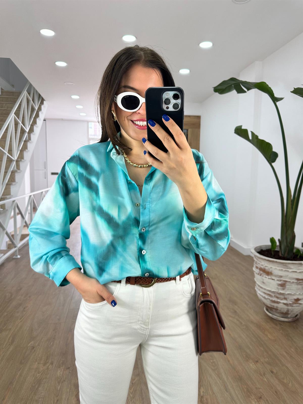 Vual Baskılı Desenli Gömlek-Mavi