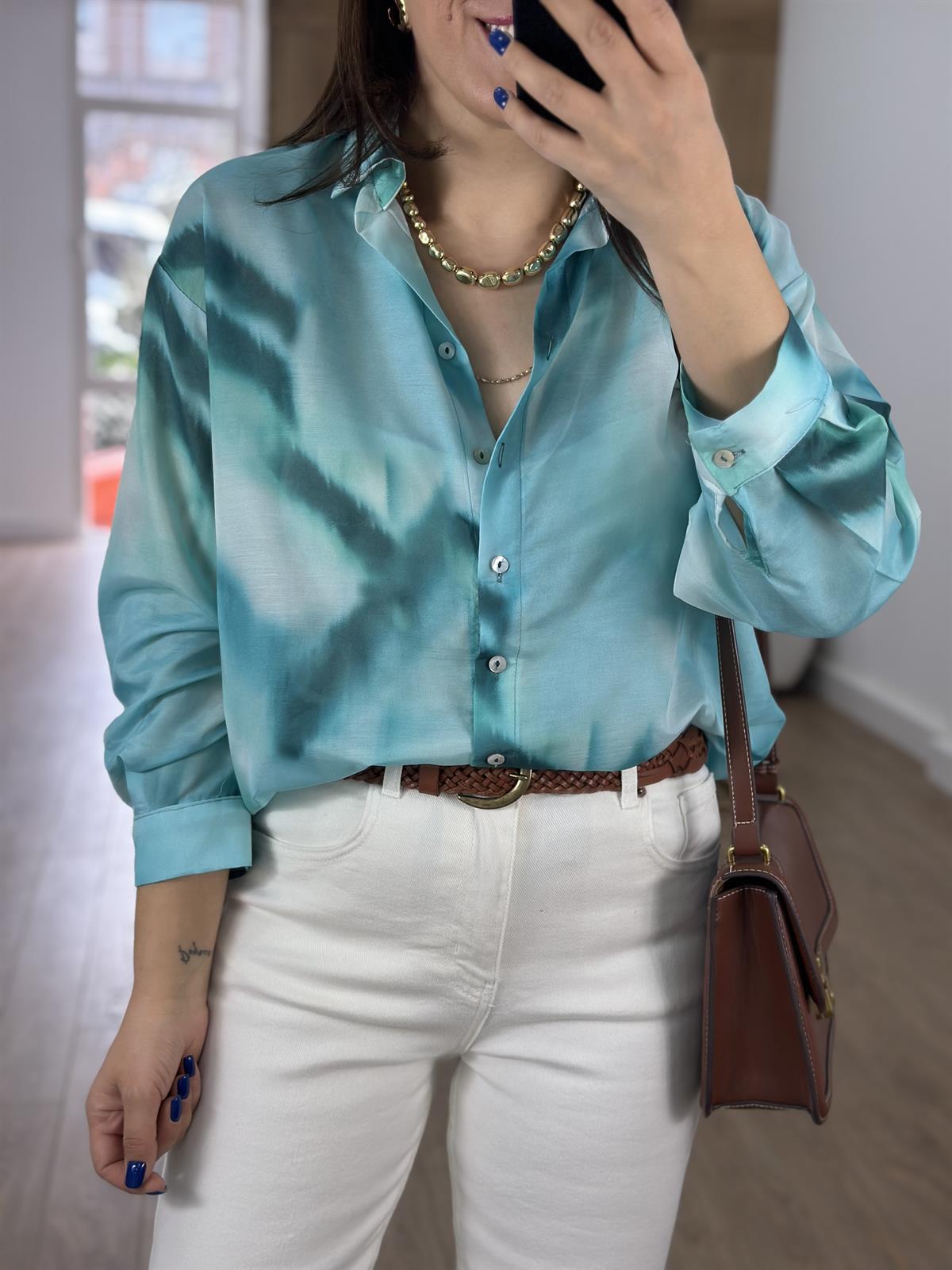 Vual Baskılı Desenli Gömlek-Mavi