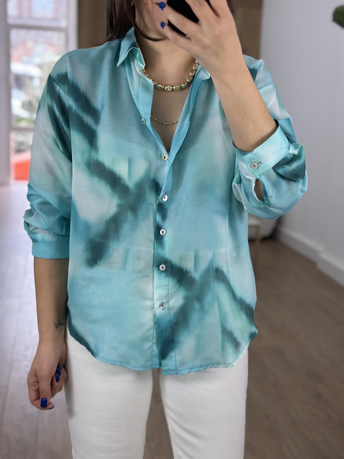 Vual Baskılı Desenli Gömlek-Mavi