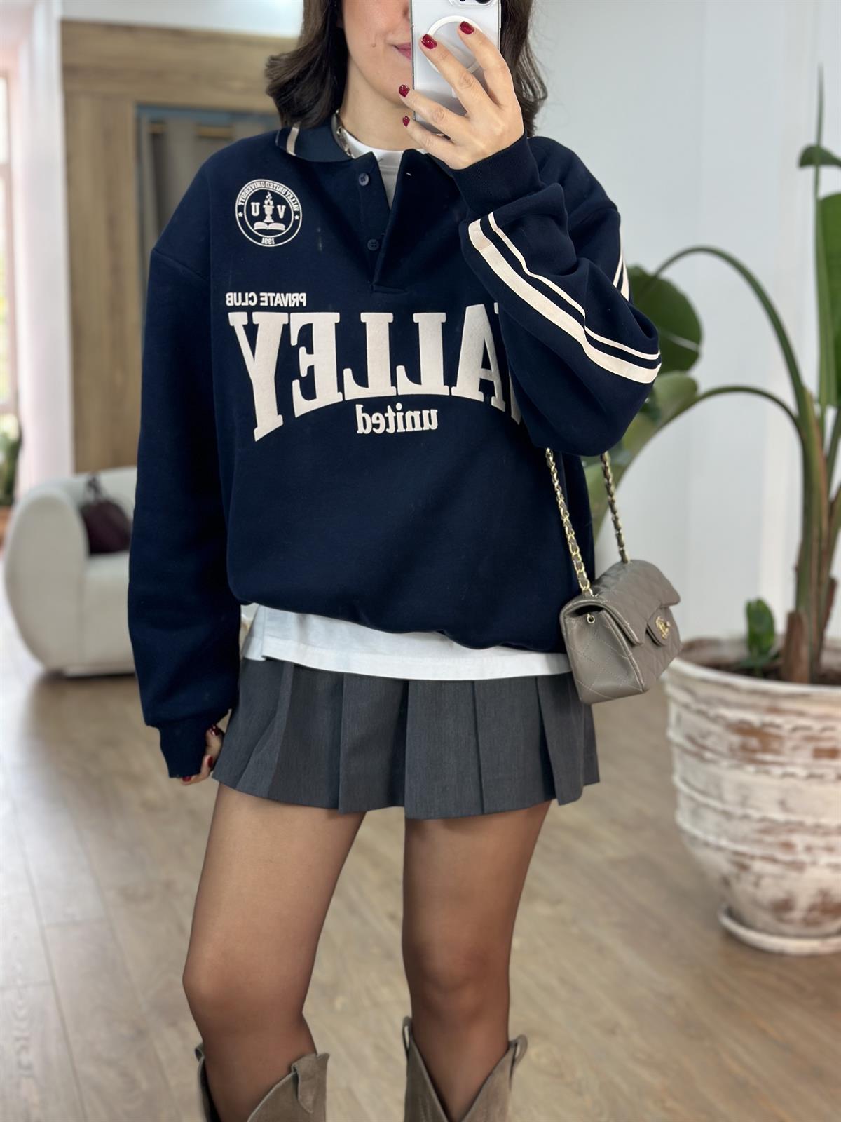 Walley Baskılı Polo Yaka Sweatshirt