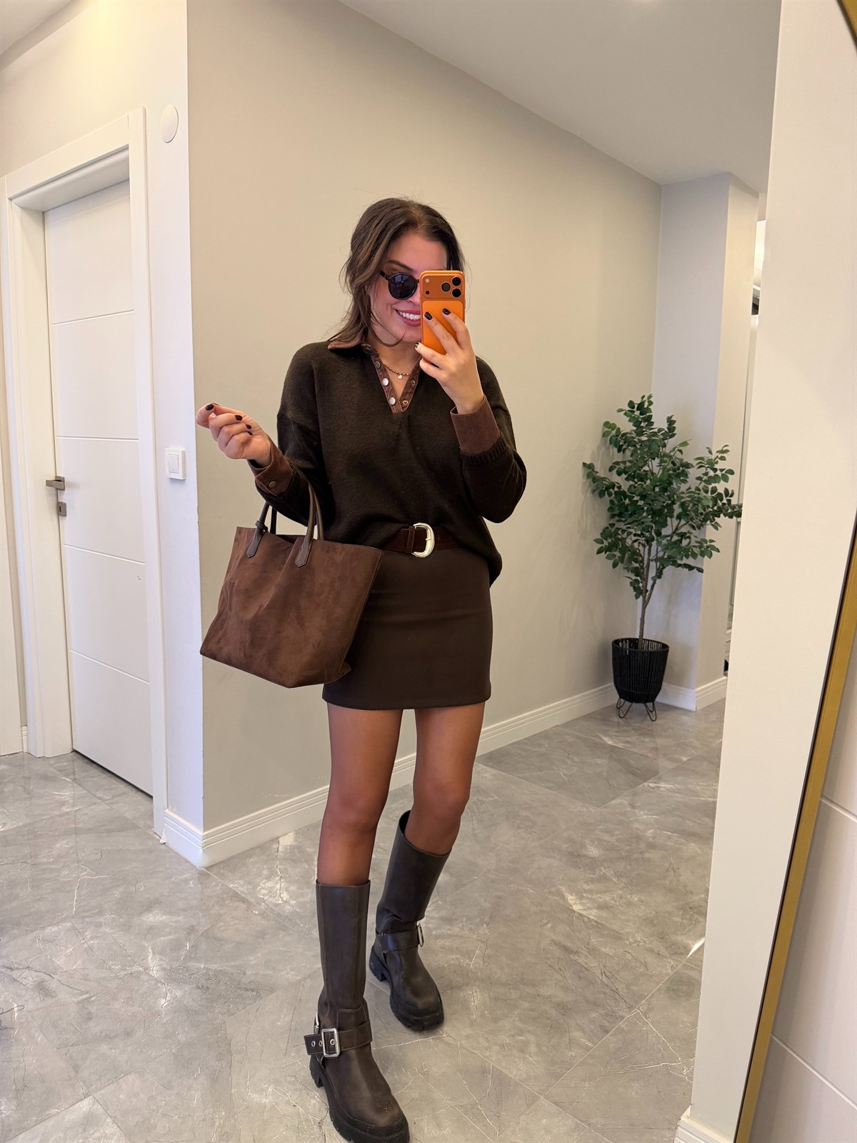 Yakası Denim Triko Kazak - Kahverengi