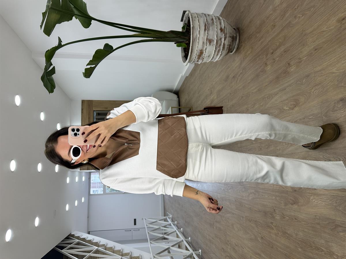 Yakası Fermuarlı Deri Garnili Sweatshirt-Vizon