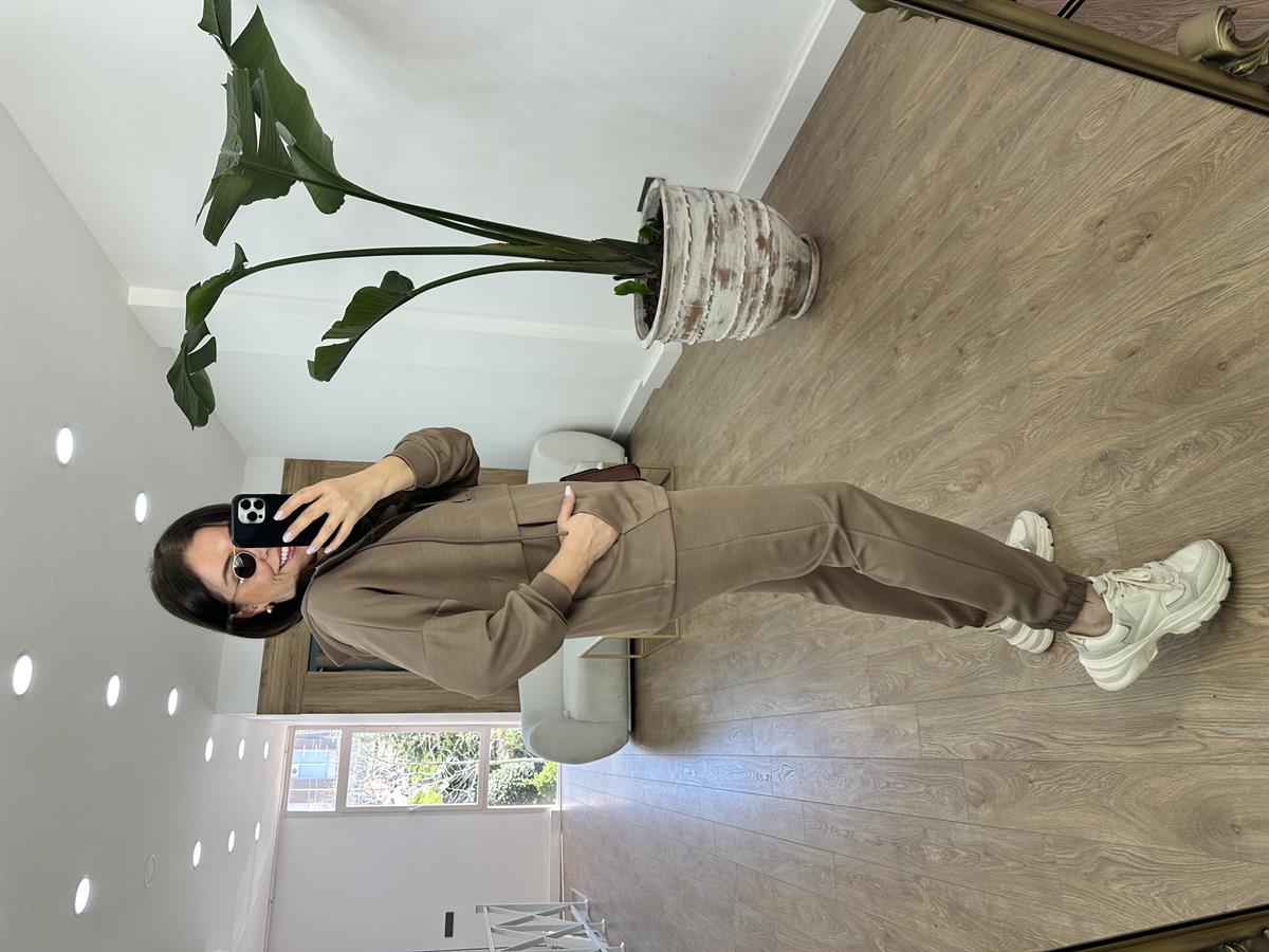 Yakası Fermuarlı Kapüşonlu Modal Takım-Camel