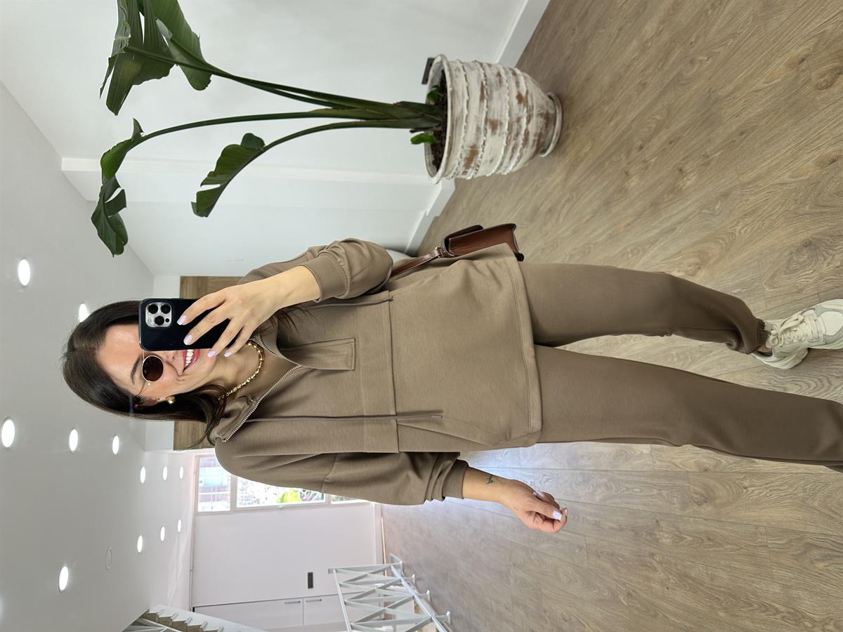 Yakası Fermuarlı Kapüşonlu Modal Takım-Camel