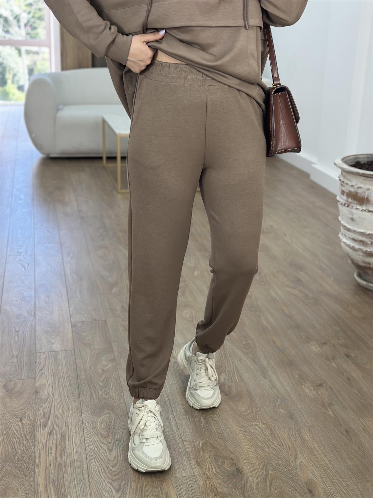 Yakası Fermuarlı Kapüşonlu Modal Takım-Camel