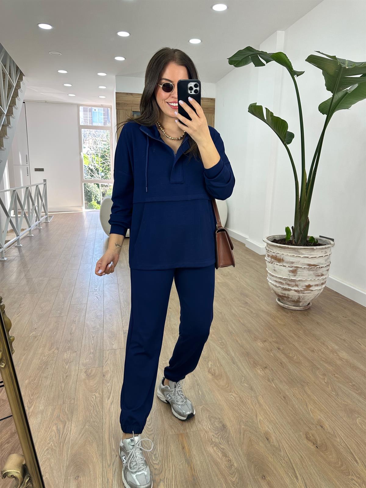 Yakası Fermuarlı Kapüşonlu Modal Takım-Lacivert