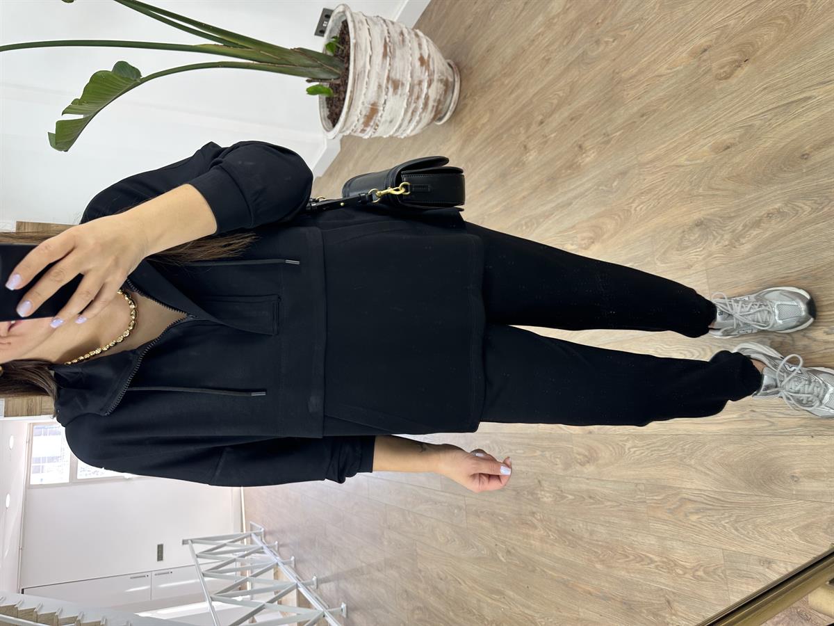 Yakası Fermuarlı Kapüşonlu Modal Takım-Siyah