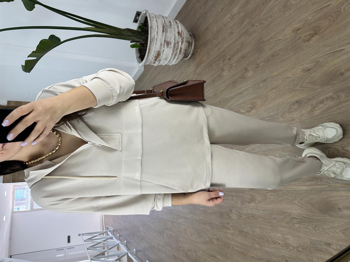 Yakası Fermuarlı Kapüşonlu Modal Takım-Taş