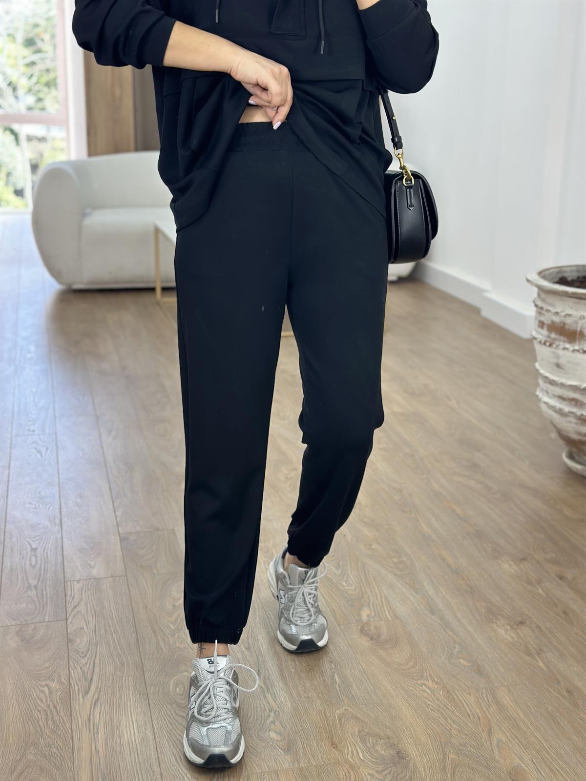 Yakası Fermuarlı Kapüşonlu Modal Takım-Siyah