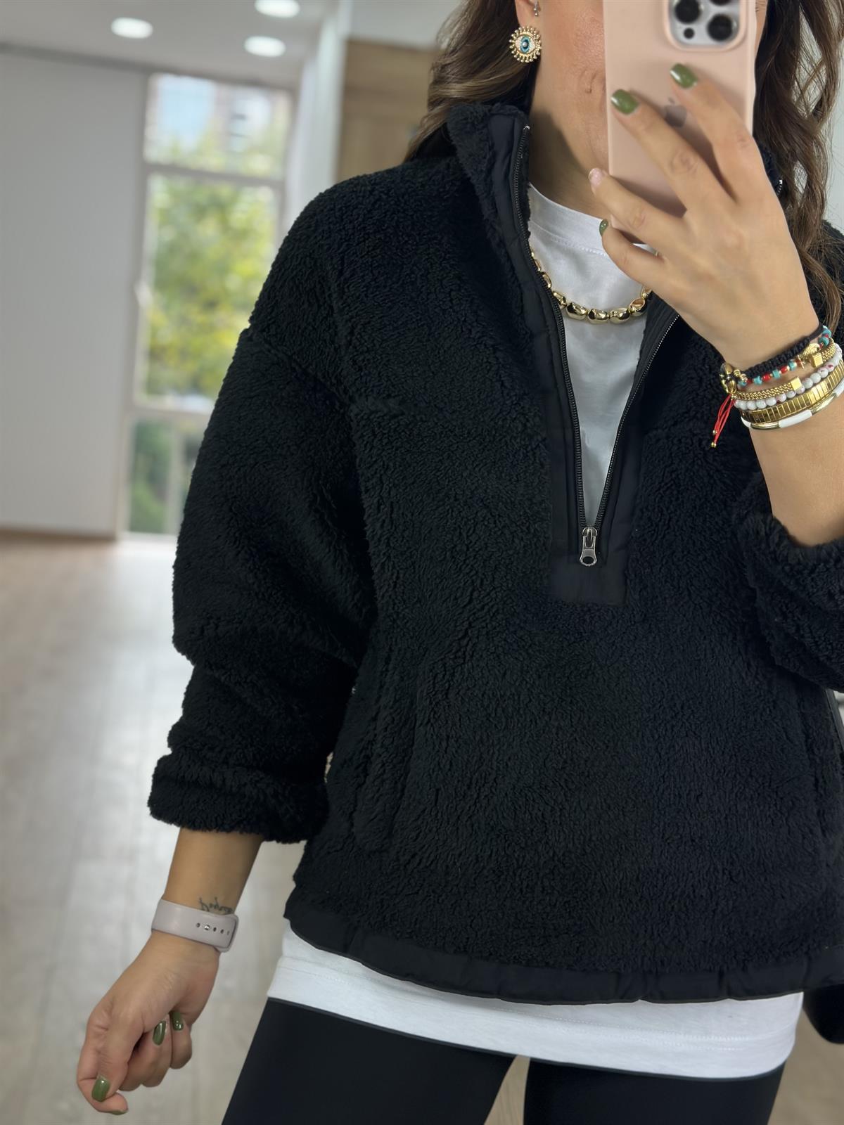 Yakası Fermuarlı Peluş Sweat -Siyah