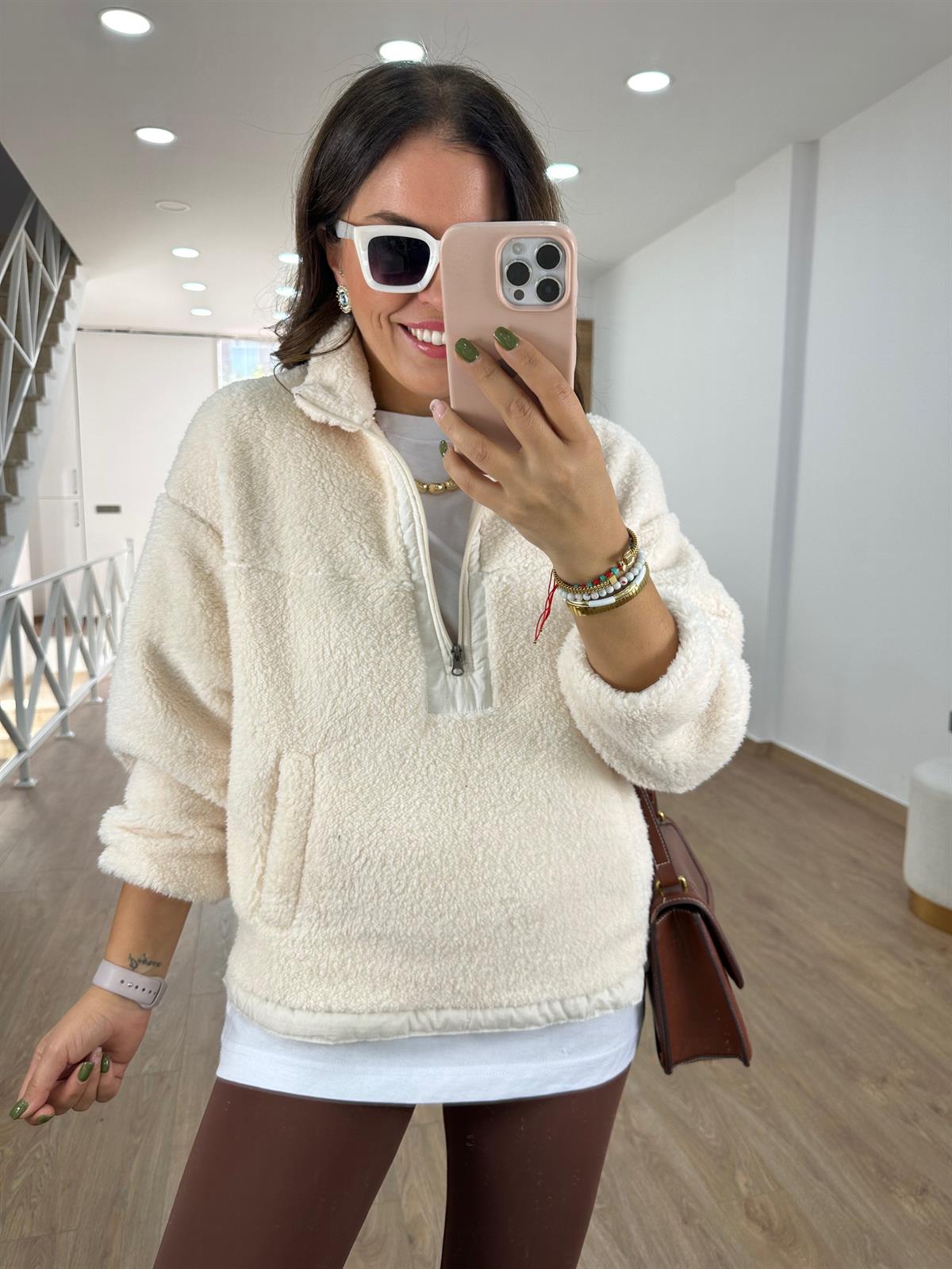 Yakası Fermuarlı Peluş Sweatshirt-Taş
