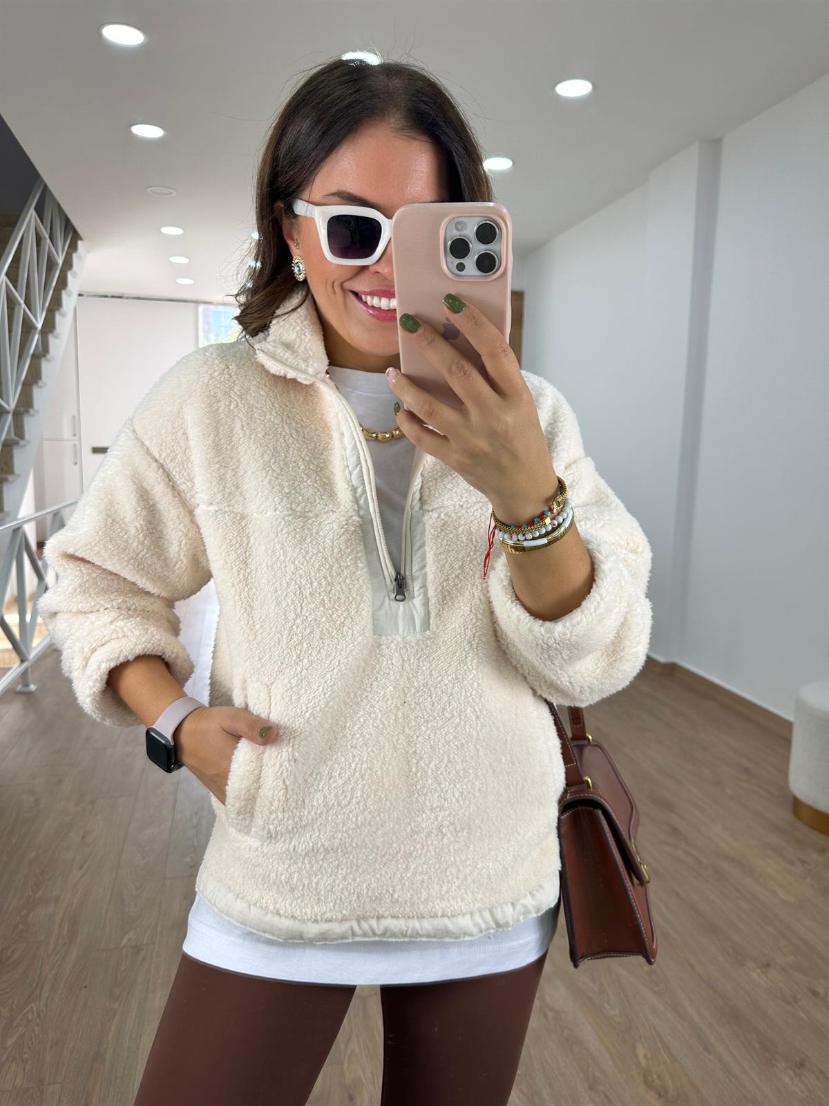 Yakası Fermuarlı Peluş Sweatshirt-Taş