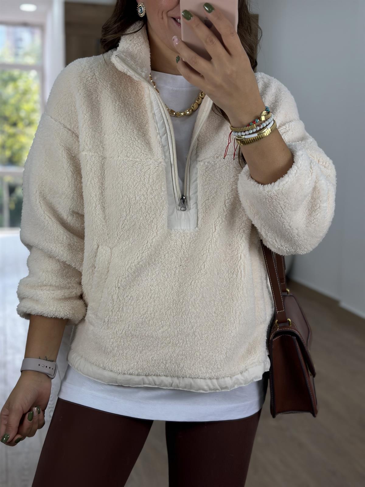 Yakası Fermuarlı Peluş Sweatshirt-Taş