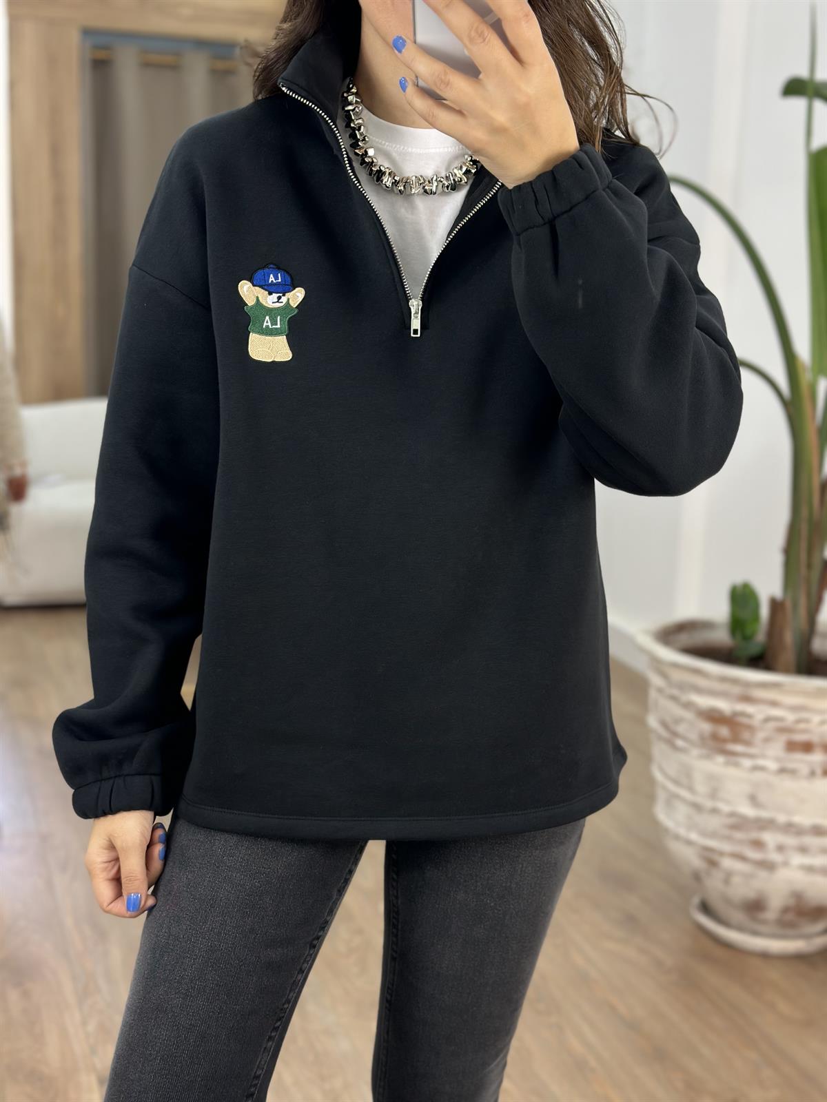 Yakası Fermuarlı Teddy Nakışlı Sweatshirt - Siyah