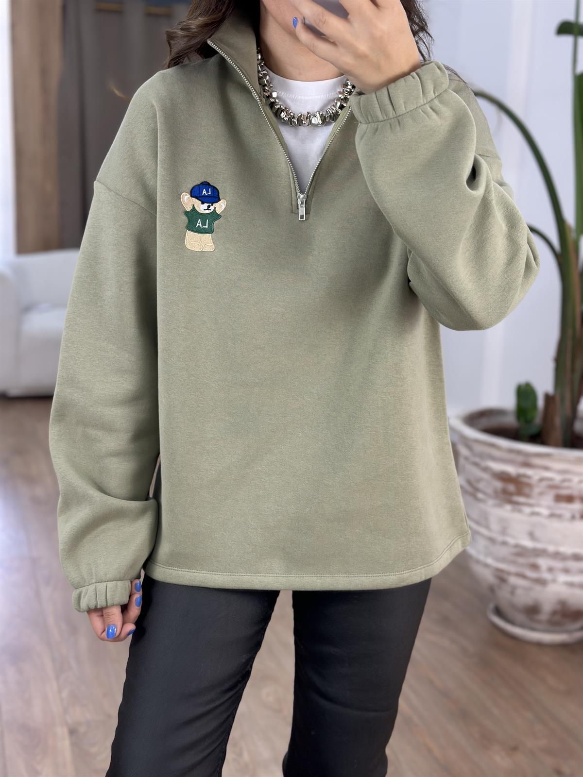 Yakası Fermuarlı Teddy Nakışlı Sweatshirt - Yeşil