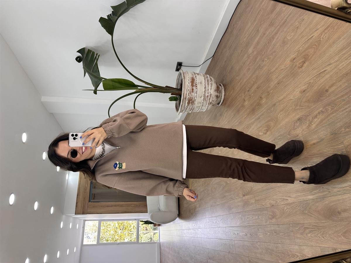 Yakası Fermuarlı Teddy Nakışlı Sweatshirt - Kahverengi
