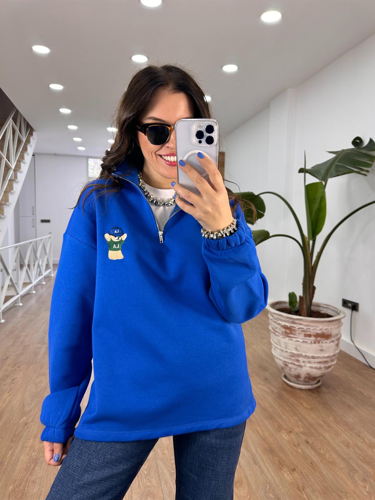 Yakası Fermuarlı Teddy Nakışlı Sweatshirt - Lacivert