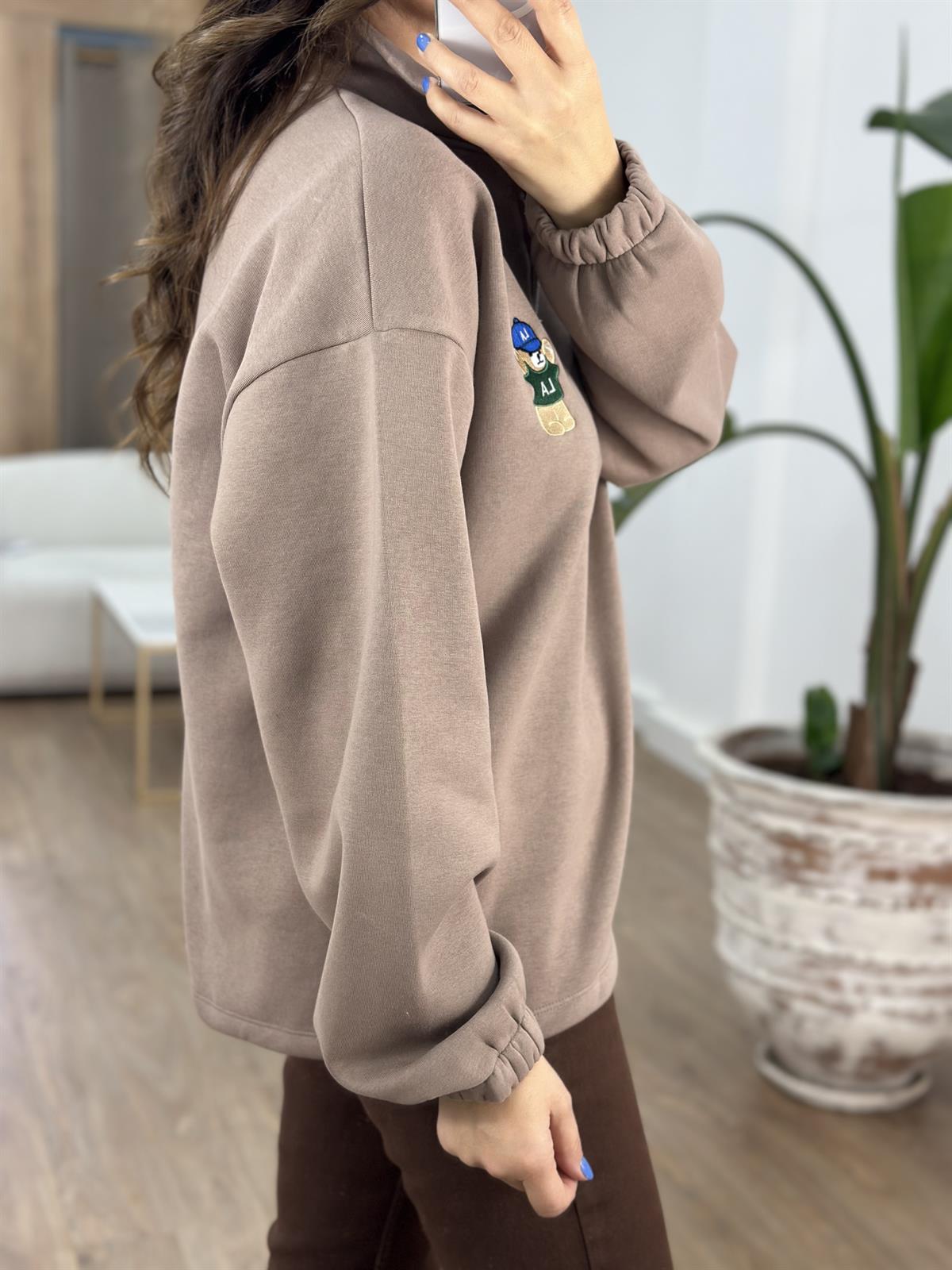Yakası Fermuarlı Teddy Nakışlı Sweatshirt - Kahverengi