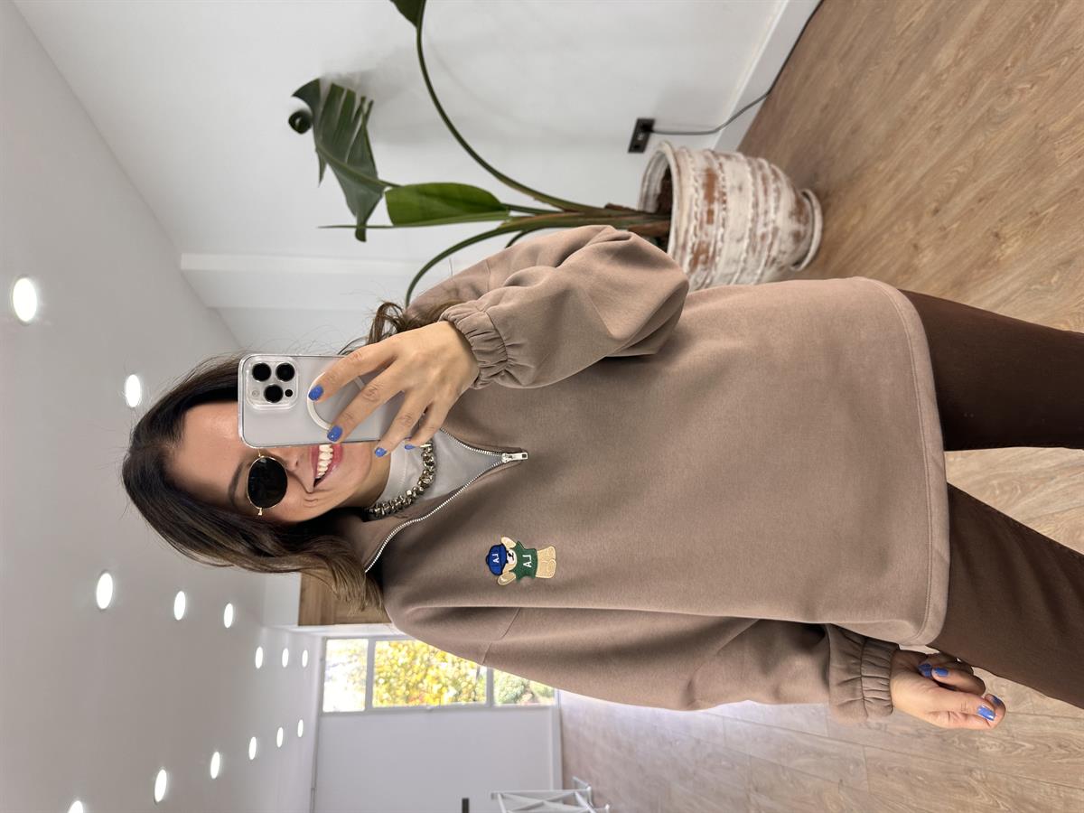 Yakası Fermuarlı Teddy Nakışlı Sweatshirt - Kahverengi