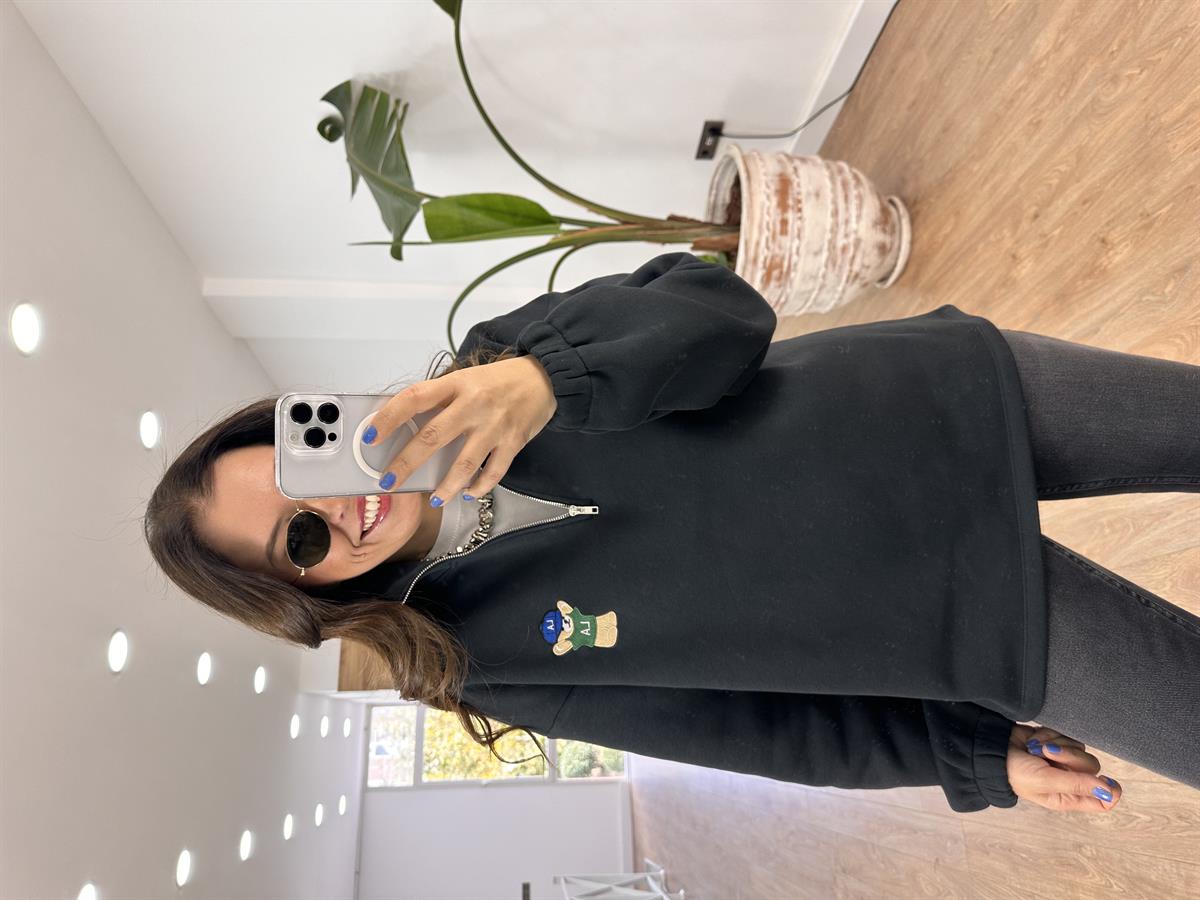Yakası Fermuarlı Teddy Nakışlı Sweatshirt - Siyah