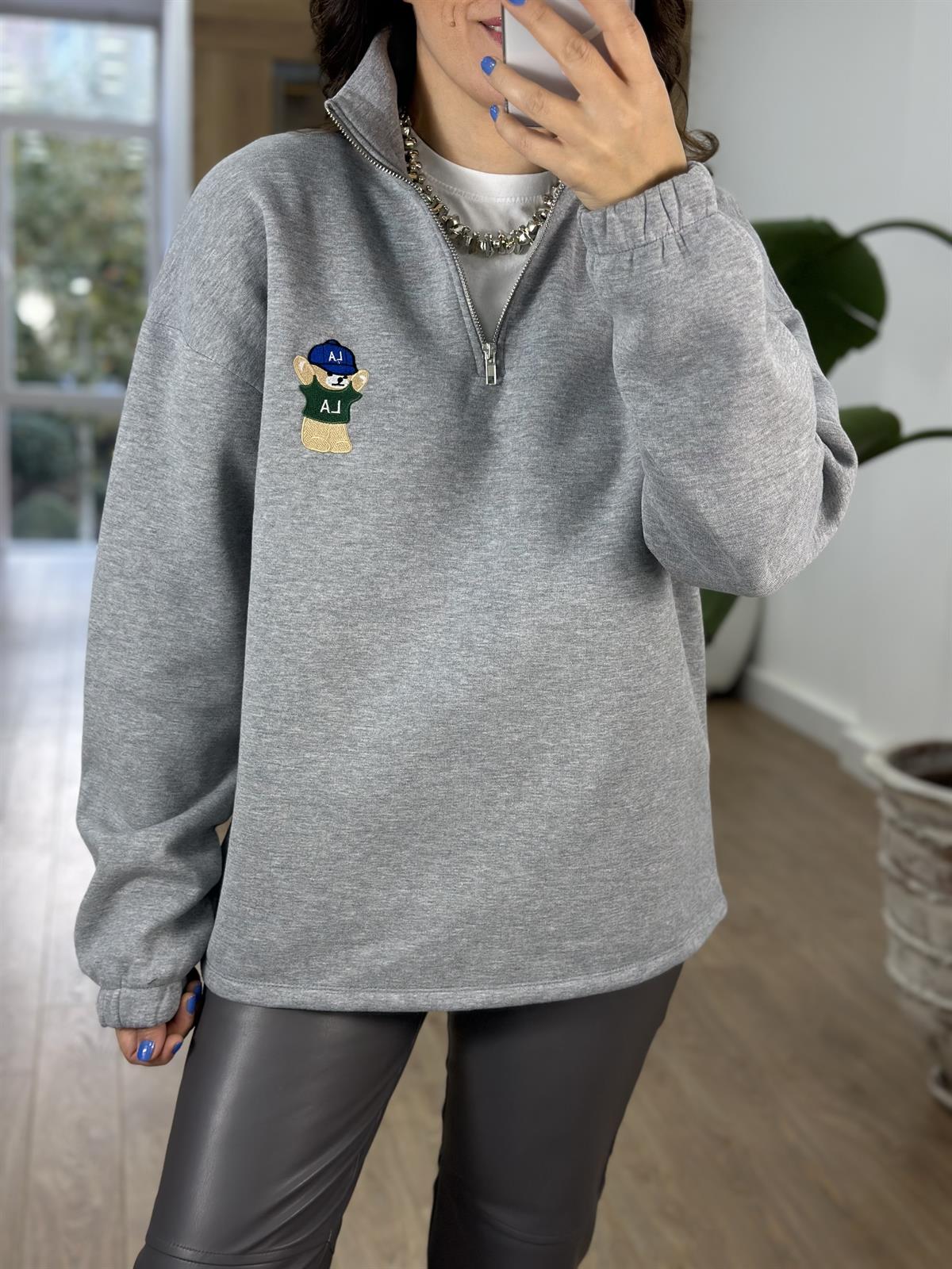 Yakası Fermuarlı Teddy Nakışlı Sweatshirt - Gri