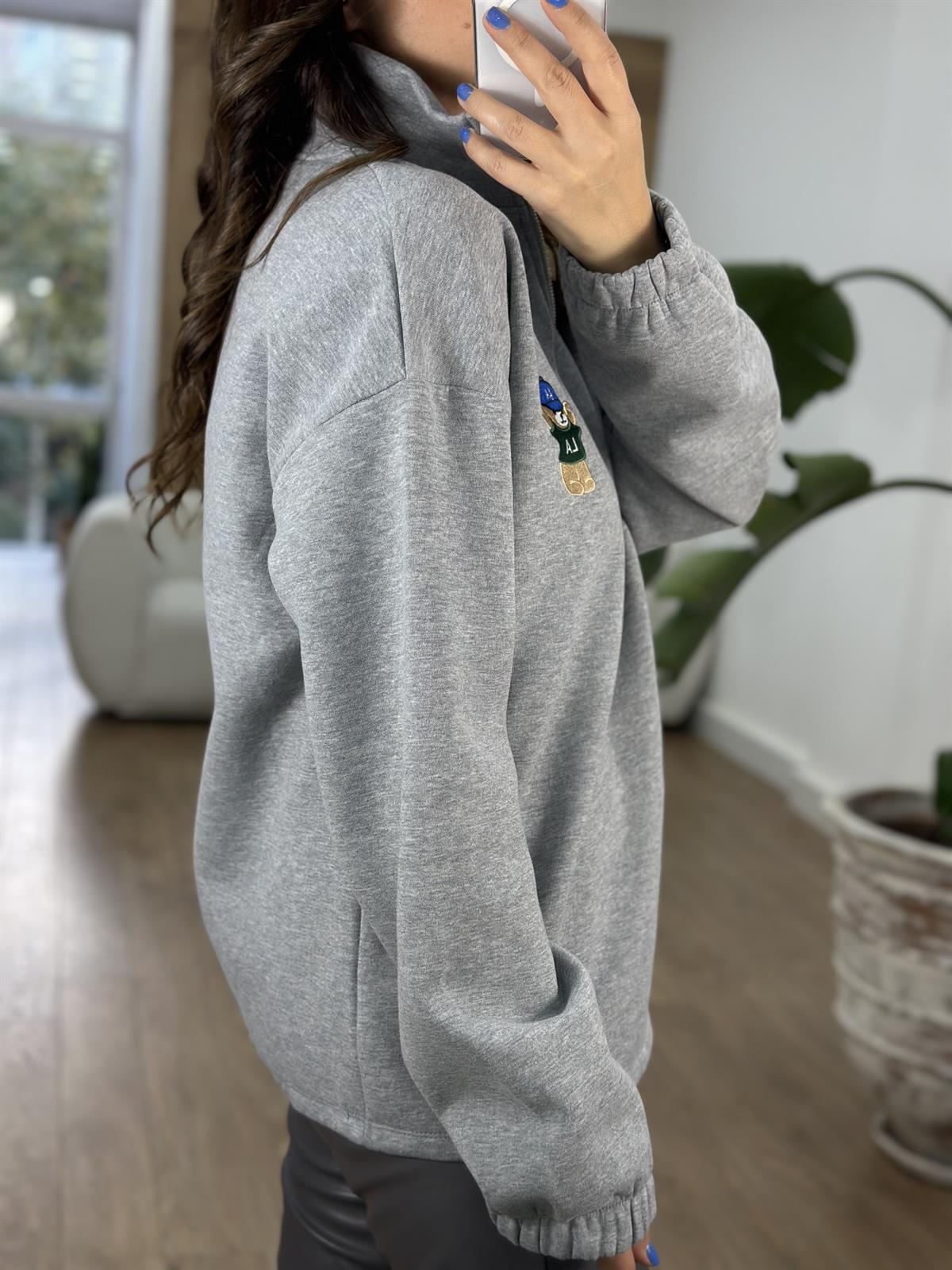 Yakası Fermuarlı Teddy Nakışlı Sweatshirt - Gri