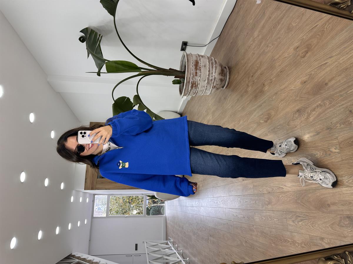 Yakası Fermuarlı Teddy Nakışlı Sweatshirt - Lacivert