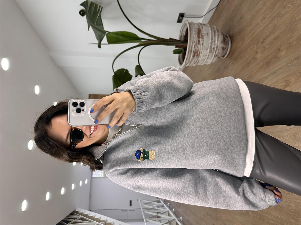 Yakası Fermuarlı Teddy Nakışlı Sweatshirt - Gri