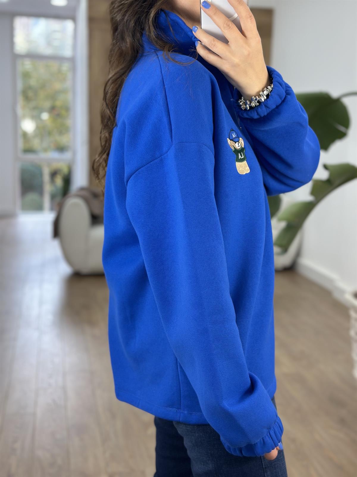 Yakası Fermuarlı Teddy Nakışlı Sweatshirt - Lacivert