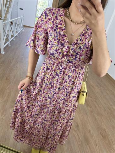 Yakası Fırfırlı Çiçekli Elbise-Mor