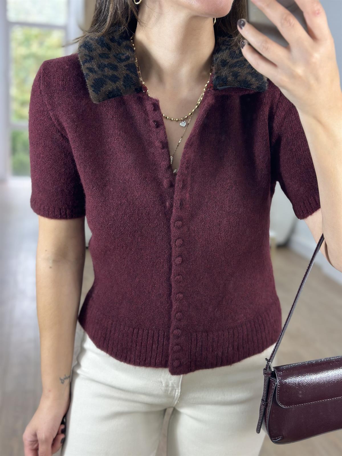 Yakası Kürklü Triko Hırka - Bordo