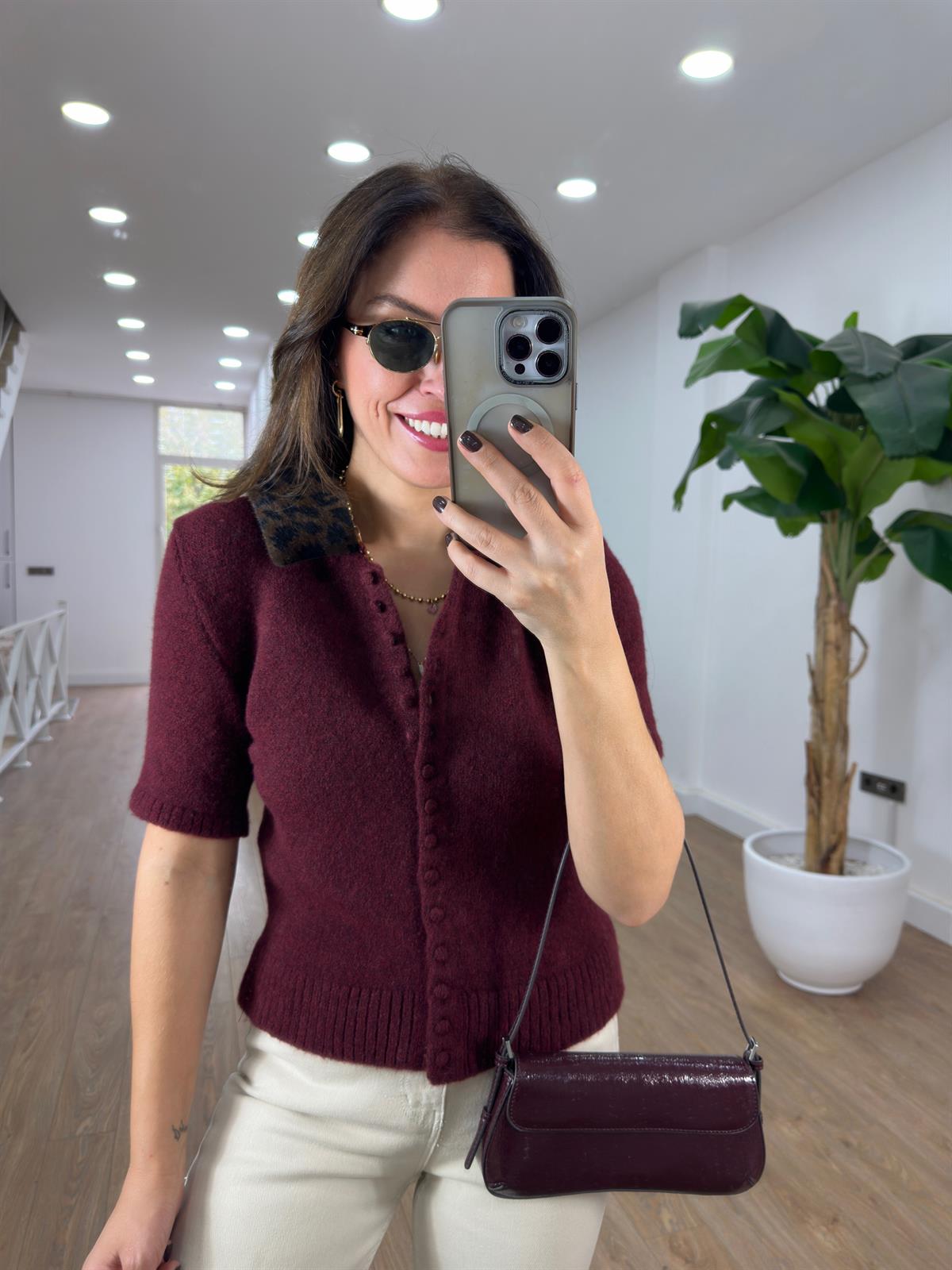 Yakası Kürklü Triko Hırka - Bordo