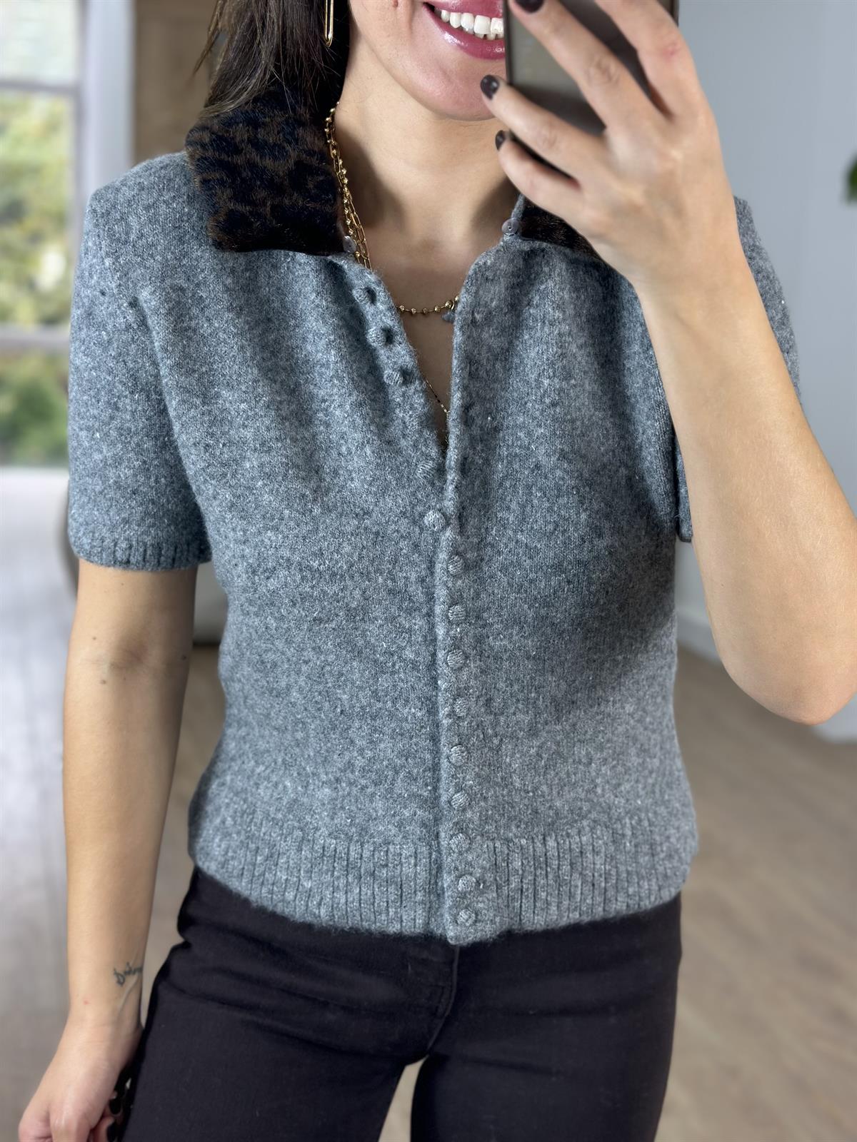 Yakası Kürklü Triko Hırka - Gri