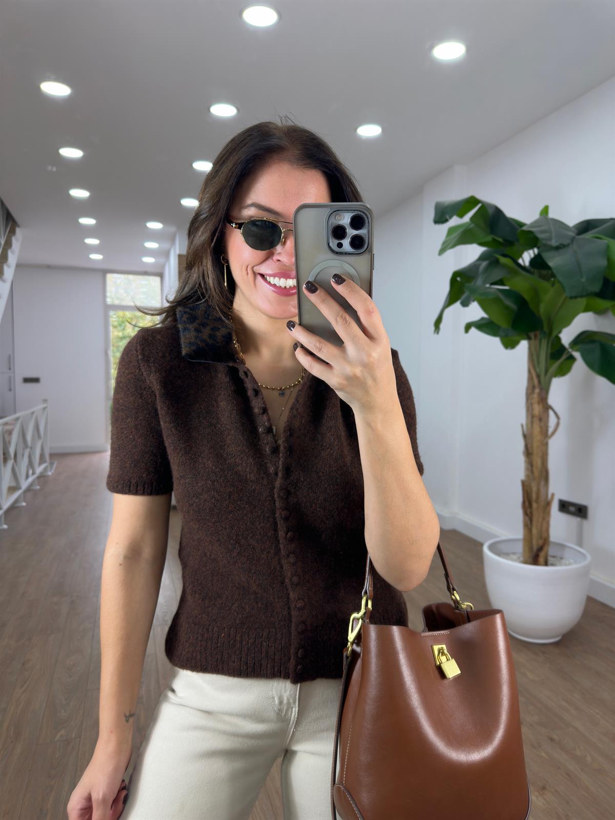 Yakası Kürklü Triko Hırka - Kahverengi