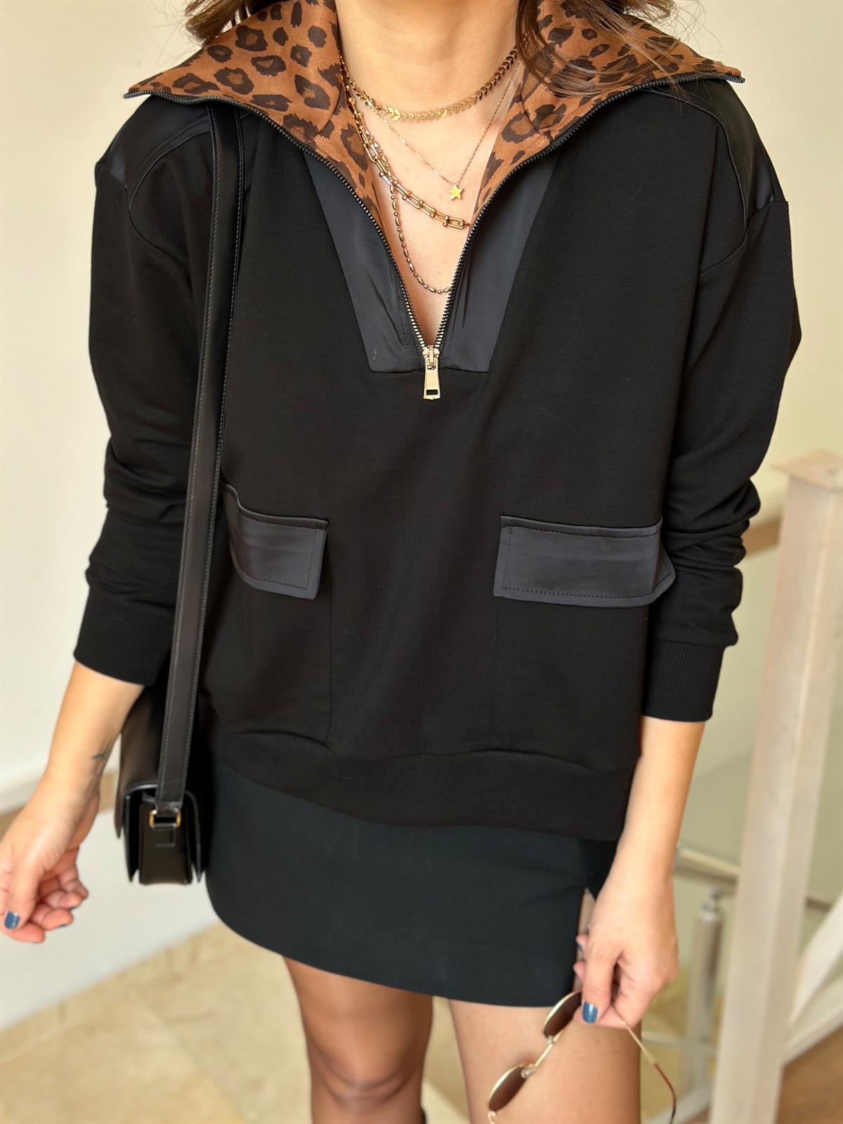 Yakası Leopar Detaylı Sweatshirt