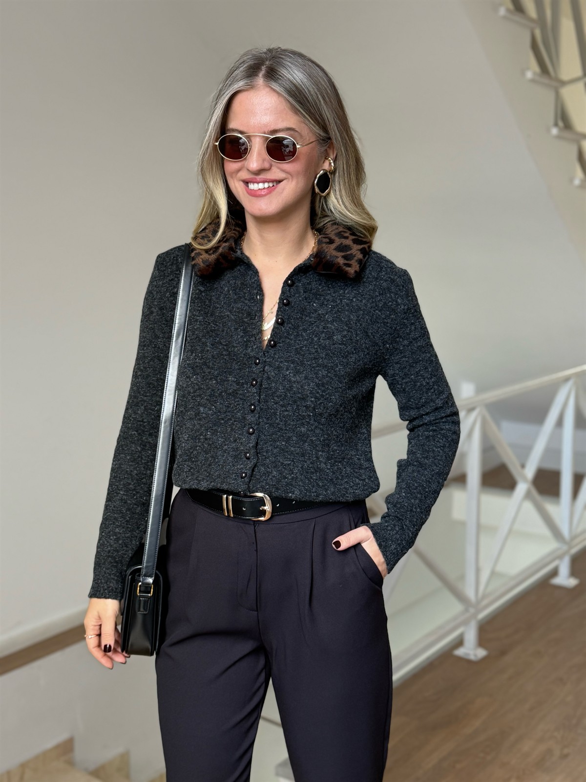 Yakası Leopar Kürk Triko Hırka - Antrasit 